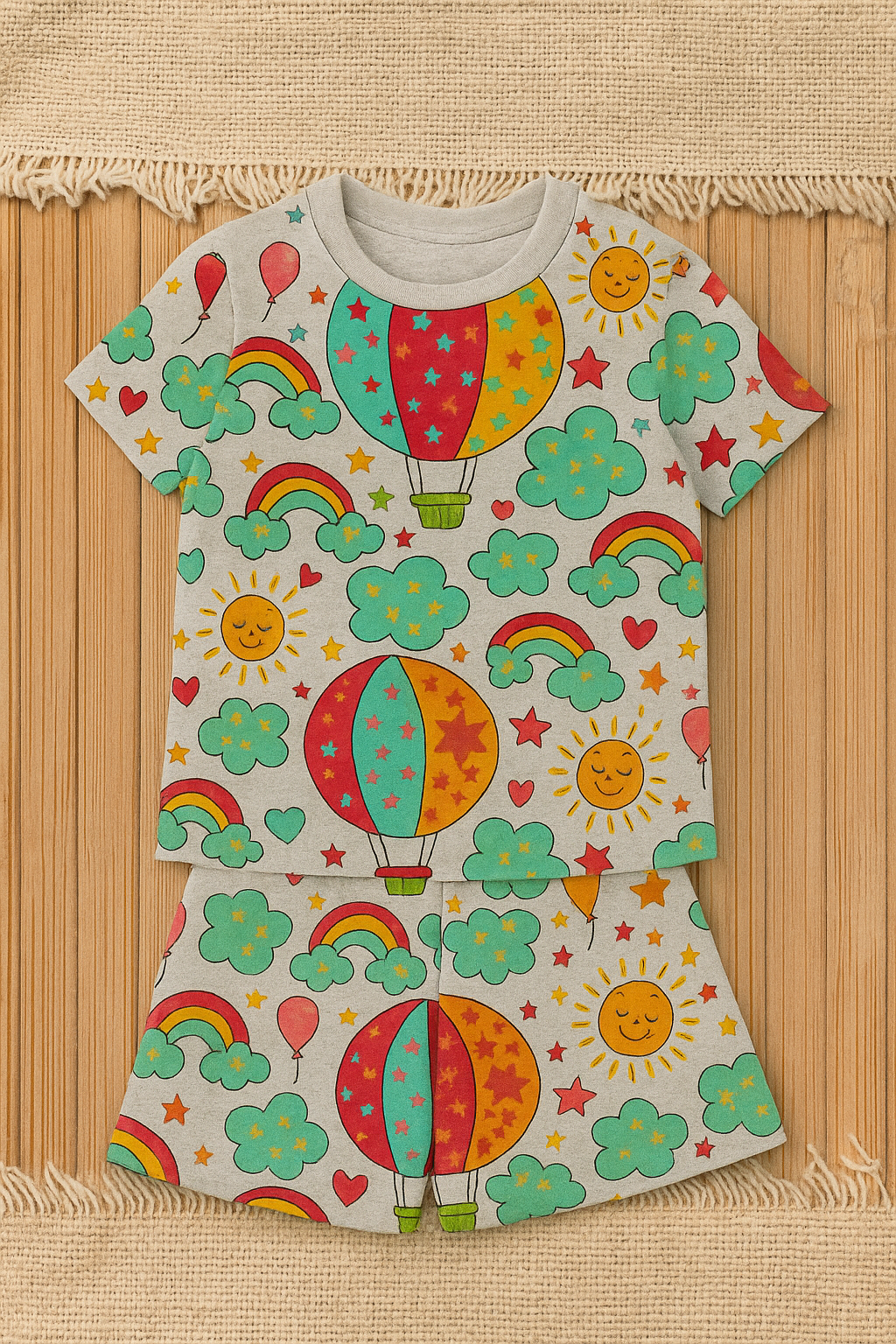 Hot Air Balloon & Rainbow Printed Cordset For Girls