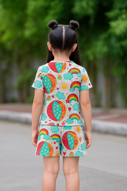 Sky Adventure Cord Set | Hot Air Balloon & Rainbow Print Cotton T-shirt & Shorts | Fun Summer Outfit for Girls