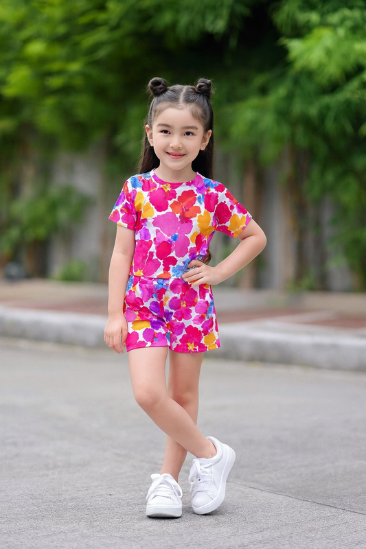 Bloom Splash Cord Set | Colorful Floral Print Cotton T-shirt & Shorts | Vibrant Summer Outfit for Girls