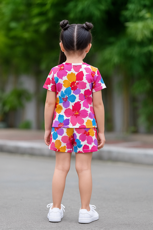 Bloom Splash Cord Set | Colorful Floral Print Cotton T-shirt & Shorts | Vibrant Summer Outfit for Girls