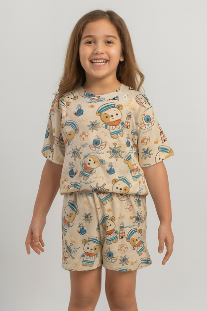 Sailor Bear Cord Set | Nautical Teddy Print Cotton T-shirt & Shorts | Cute Summer Outfit for Girls