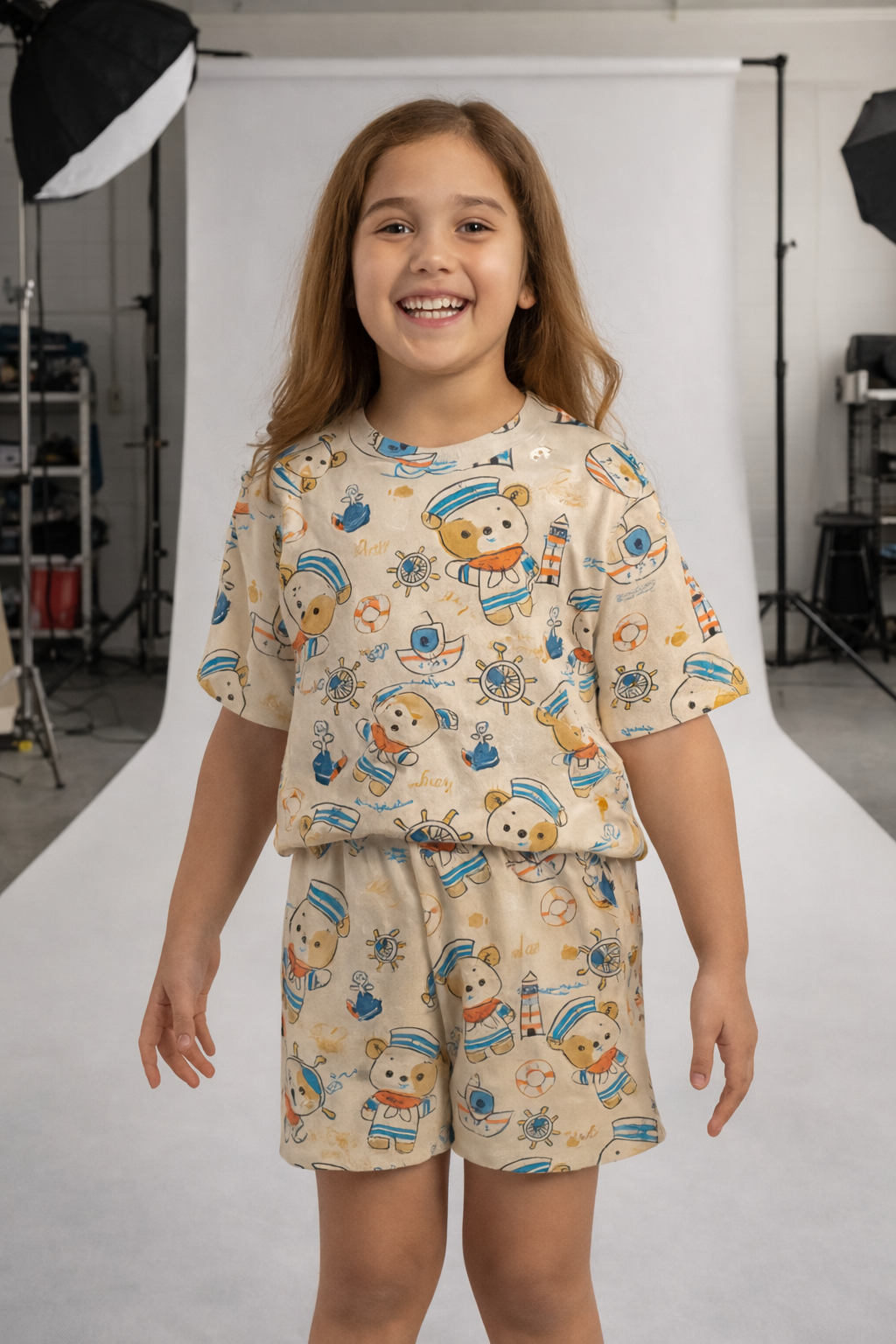 Sailor Bear Cord Set | Nautical Teddy Print Cotton T-shirt & Shorts | Cute Summer Outfit for Girls