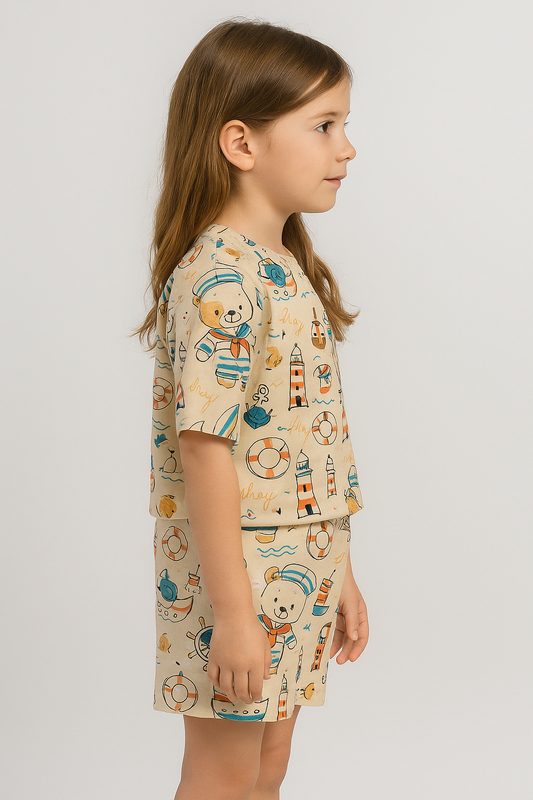 Sailor Bear Cord Set | Nautical Teddy Print Cotton T-shirt & Shorts | Cute Summer Outfit for Girls