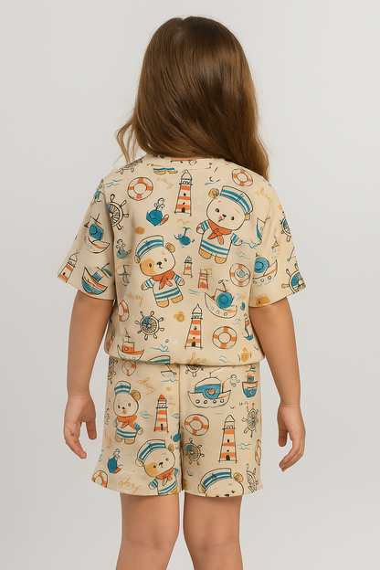 Sailor Bear Cord Set | Nautical Teddy Print Cotton T-shirt & Shorts | Cute Summer Outfit for Girls
