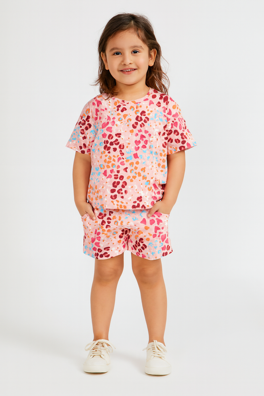 Love Splash Collection: Bright Heart Print Cord Set | Soft Cotton Half Sleeve Top & Shorts for Girls