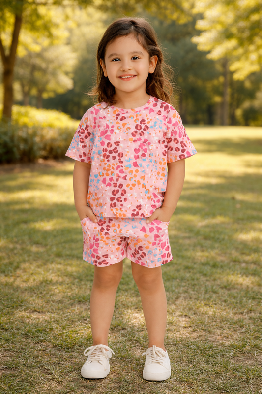 Love Splash Collection: Bright Heart Print Cord Set | Soft Cotton Half Sleeve Top & Shorts for Girls
