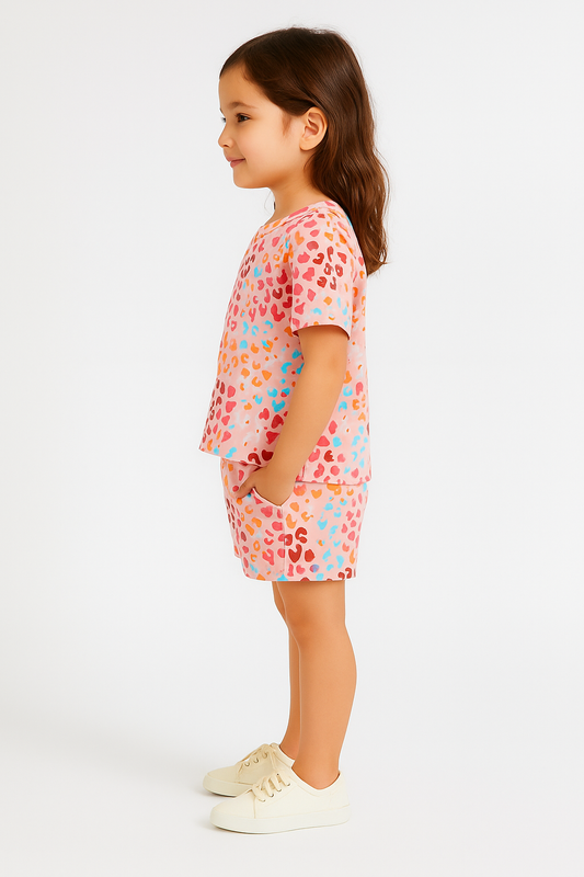 Love Splash Collection: Bright Heart Print Cord Set | Soft Cotton Half Sleeve Top & Shorts for Girls