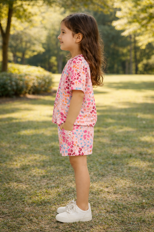 Love Splash Collection: Bright Heart Print Cord Set | Soft Cotton Half Sleeve Top & Shorts for Girls