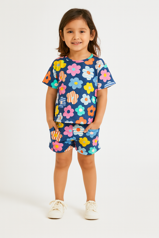 Playful Petals Cord Set | Navy Blue Floral Kids Outfit | Comfortable Cotton Summer Wear for Girls