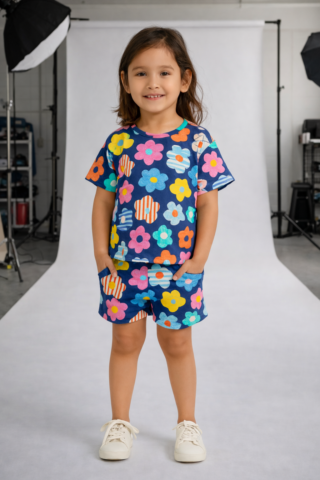 Playful Petals Cord Set | Navy Blue Floral Kids Outfit | Comfortable Cotton Summer Wear for Girls