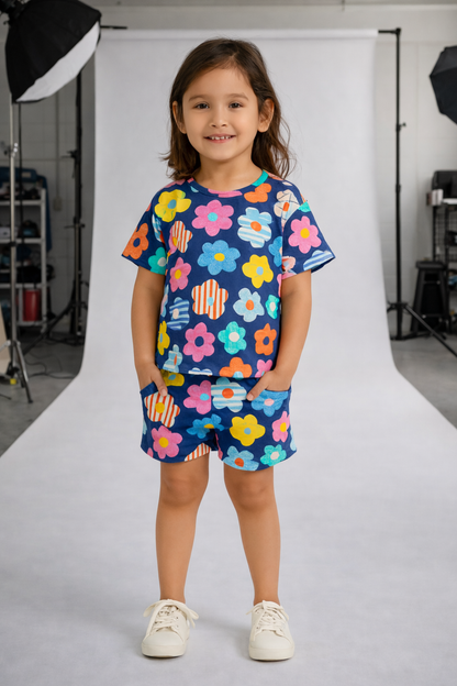 Playful Petals Cord Set | Navy Blue Floral Kids Outfit | Comfortable Cotton Summer Wear for Girls