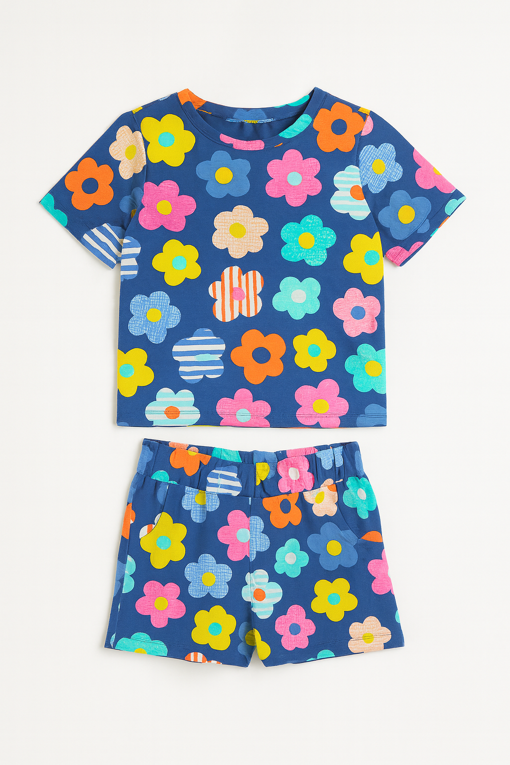 Navy Blue Floral Printed Cordset For Girls