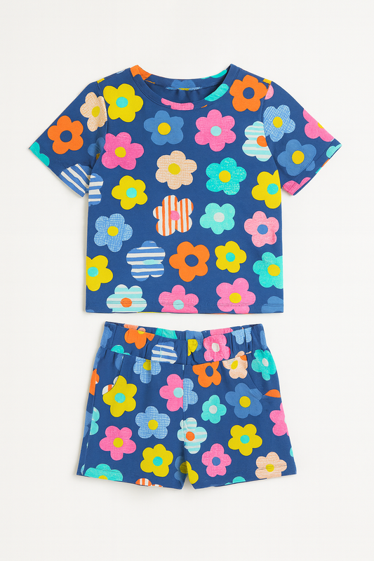 Navy Blue Floral Printed Cordset For Girls