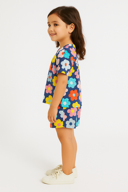 Playful Petals Cord Set | Navy Blue Floral Kids Outfit | Comfortable Cotton Summer Wear for Girls