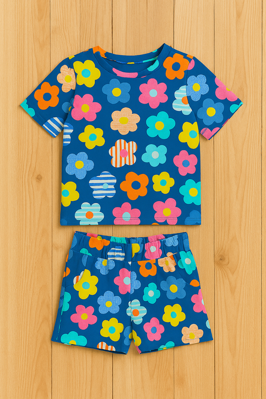 Navy Blue Floral Printed Cordset For Girls