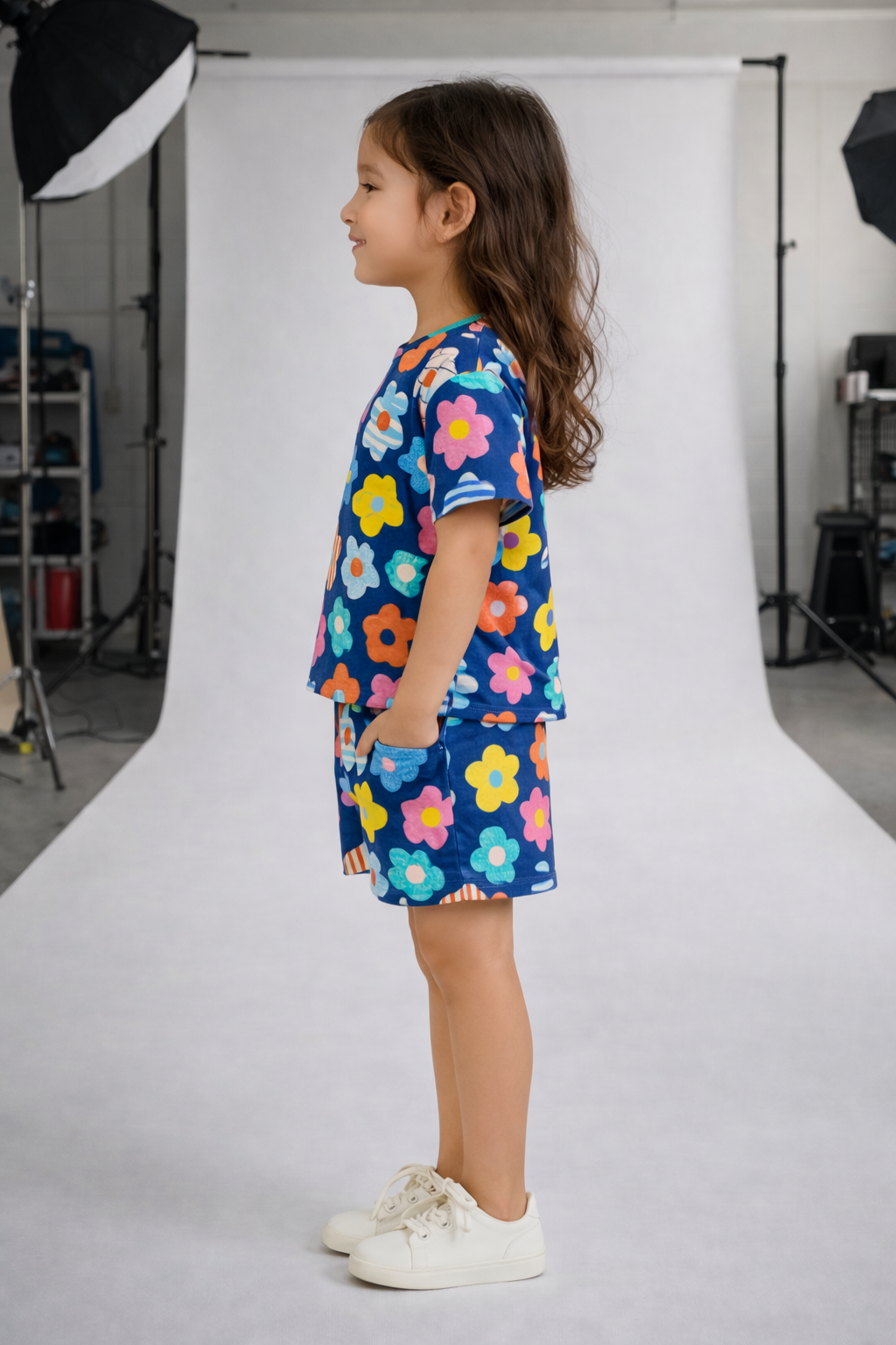 Playful Petals Cord Set | Navy Blue Floral Kids Outfit | Comfortable Cotton Summer Wear for Girls