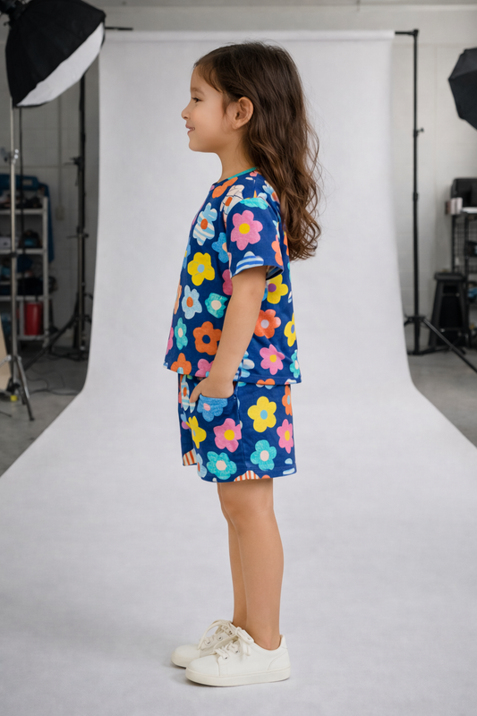 Playful Petals Cord Set | Navy Blue Floral Kids Outfit | Comfortable Cotton Summer Wear for Girls