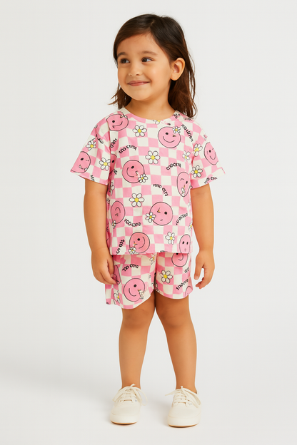 Smiley Bloom Cord Set | Pink Checkerboard & Daisy Print Cotton T-shirt & Shorts | Cute Summer Outfit for Girls