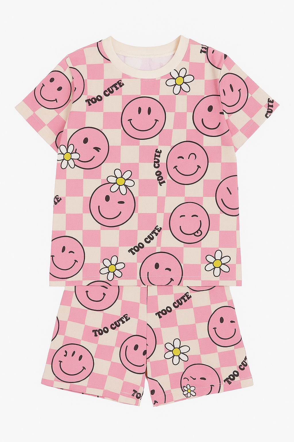 Pink Checkerboard & Daisy Printed Cordset For Girls