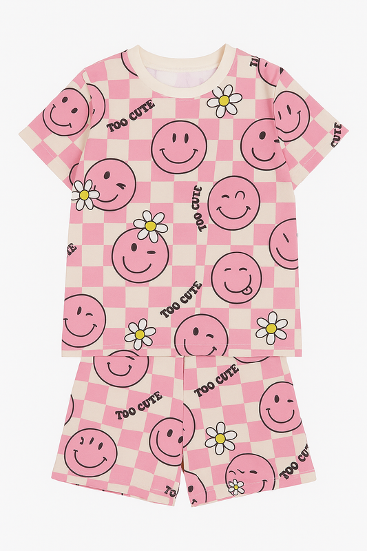 Pink Checkerboard & Daisy Printed Cordset For Girls