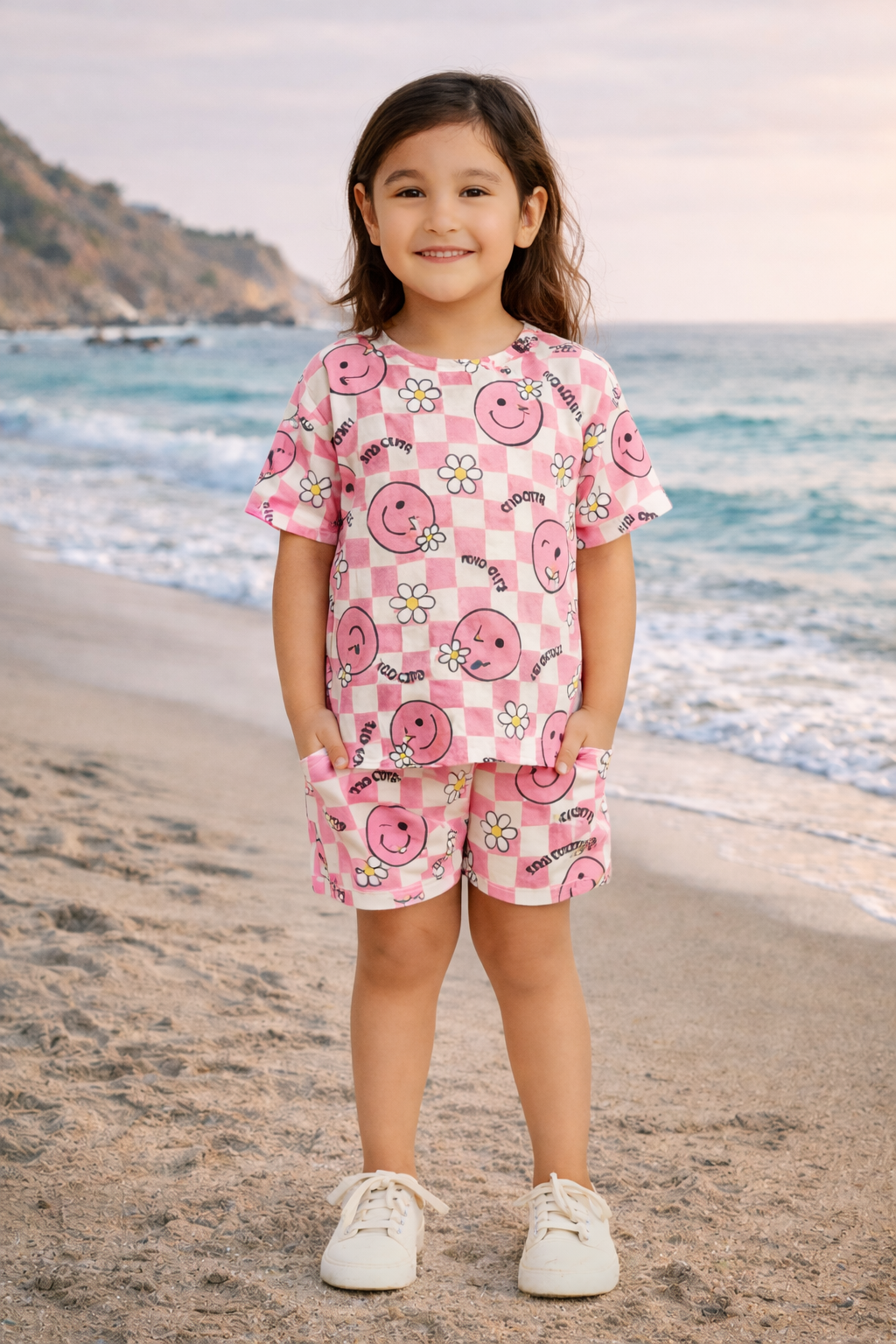 Smiley Bloom Cord Set | Pink Checkerboard & Daisy Print Cotton T-shirt & Shorts | Cute Summer Outfit for Girls