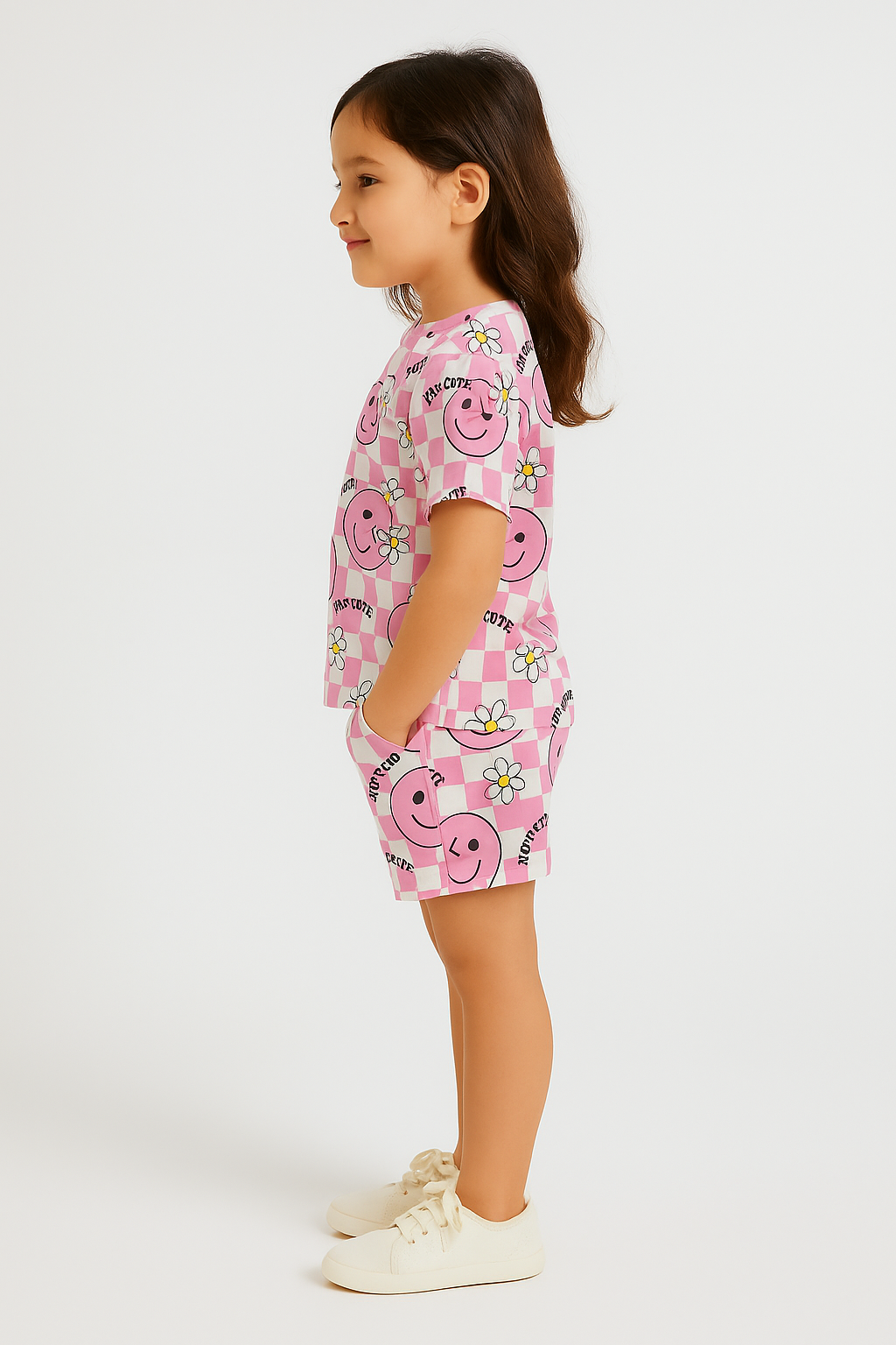 Smiley Bloom Cord Set | Pink Checkerboard & Daisy Print Cotton T-shirt & Shorts | Cute Summer Outfit for Girls