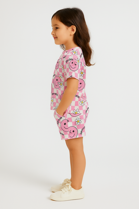 Smiley Bloom Cord Set | Pink Checkerboard & Daisy Print Cotton T-shirt & Shorts | Cute Summer Outfit for Girls