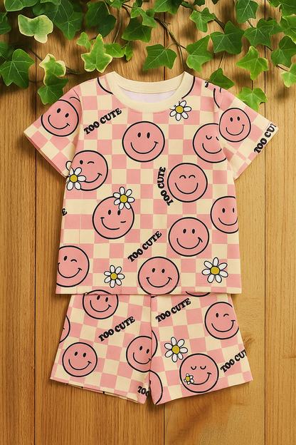 Pink Checkerboard & Daisy Printed Cordset For Girls