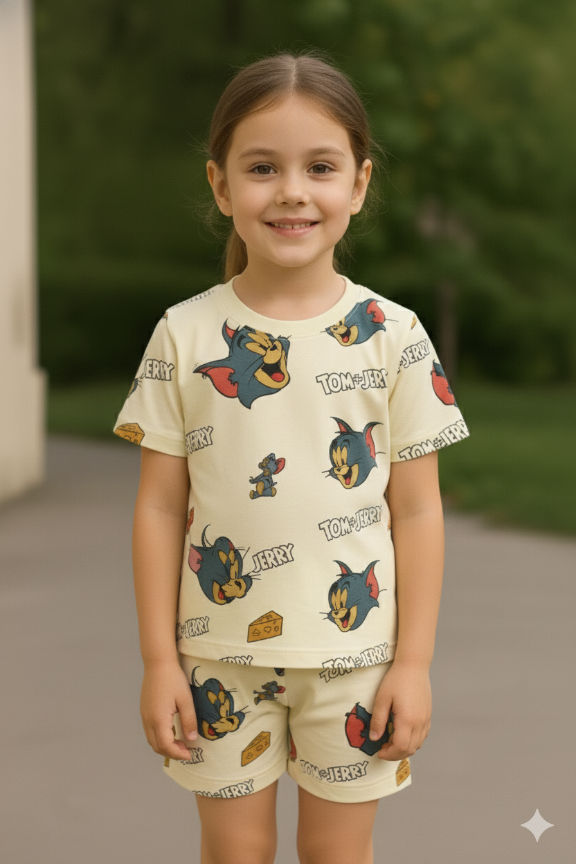 Cheesy Chase Cord Set | Tom & Jerry Cartoon Print Cotton T-shirt & Shorts | Fun Summer Outfit for Girls