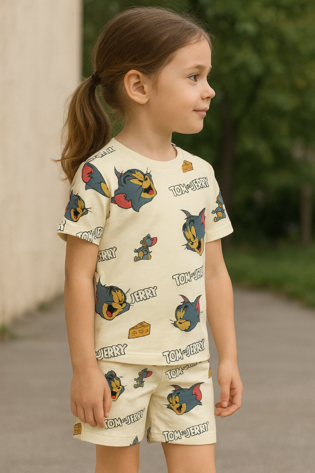 Cheesy Chase Cord Set | Tom & Jerry Cartoon Print Cotton T-shirt & Shorts | Fun Summer Outfit for Girls