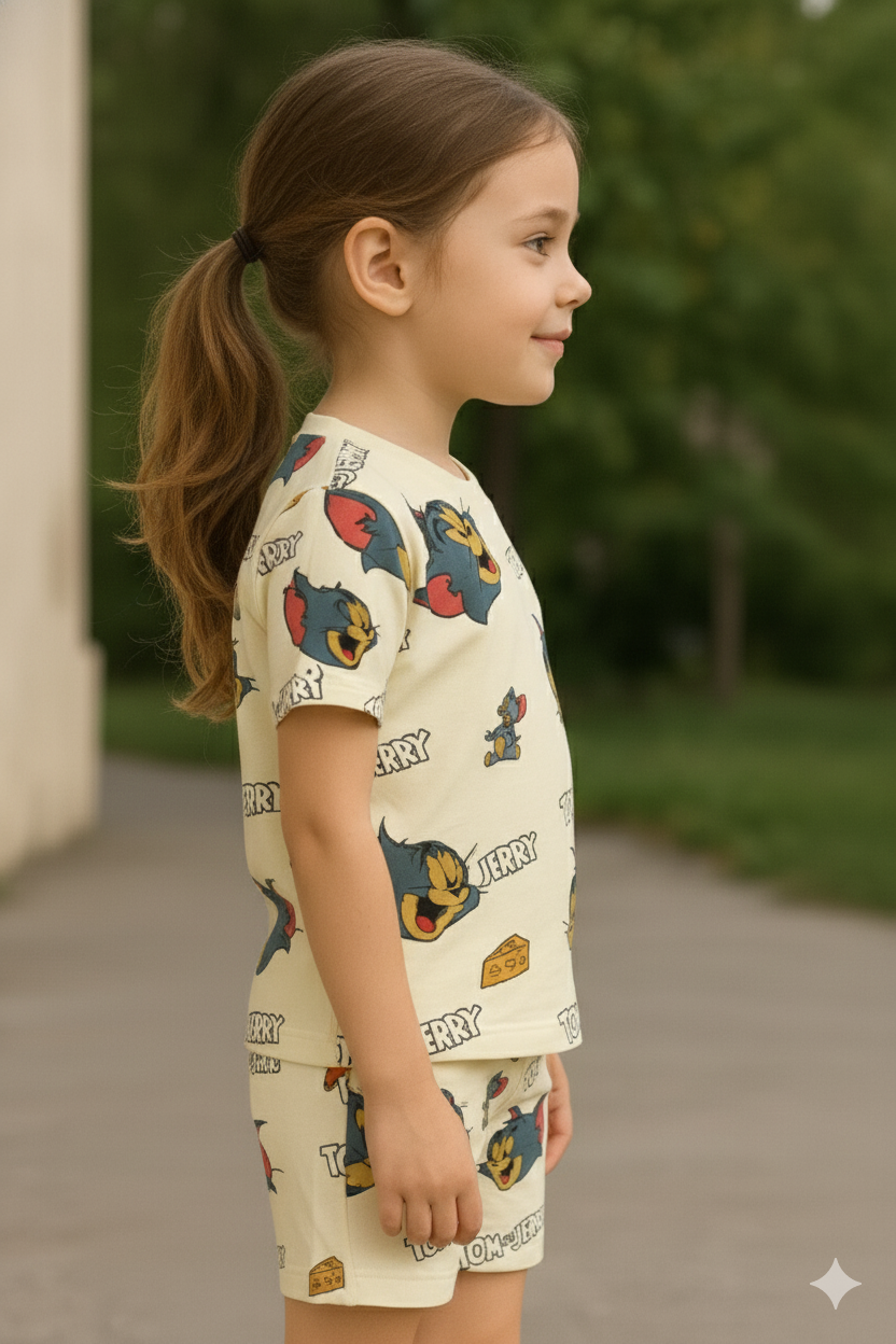 Cheesy Chase Cord Set | Tom & Jerry Cartoon Print Cotton T-shirt & Shorts | Fun Summer Outfit for Girls