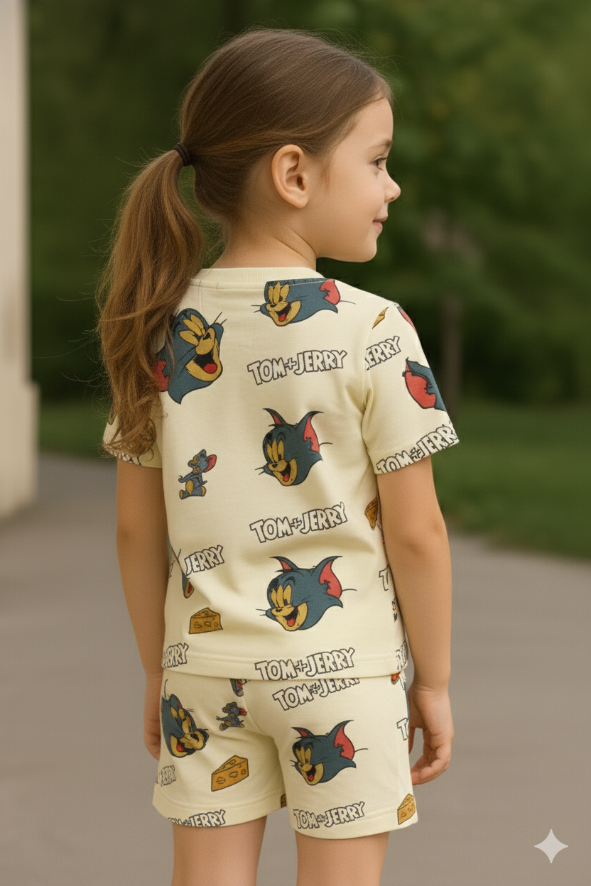 Cheesy Chase Cord Set | Tom & Jerry Cartoon Print Cotton T-shirt & Shorts | Fun Summer Outfit for Girls