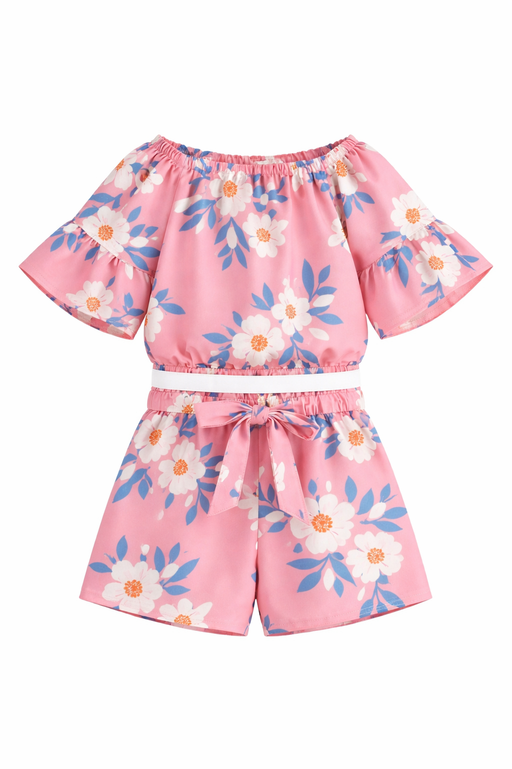 Girls Pink Floral Off-Shoulder Co-Ord Set – Summer Printed Top & Shorts