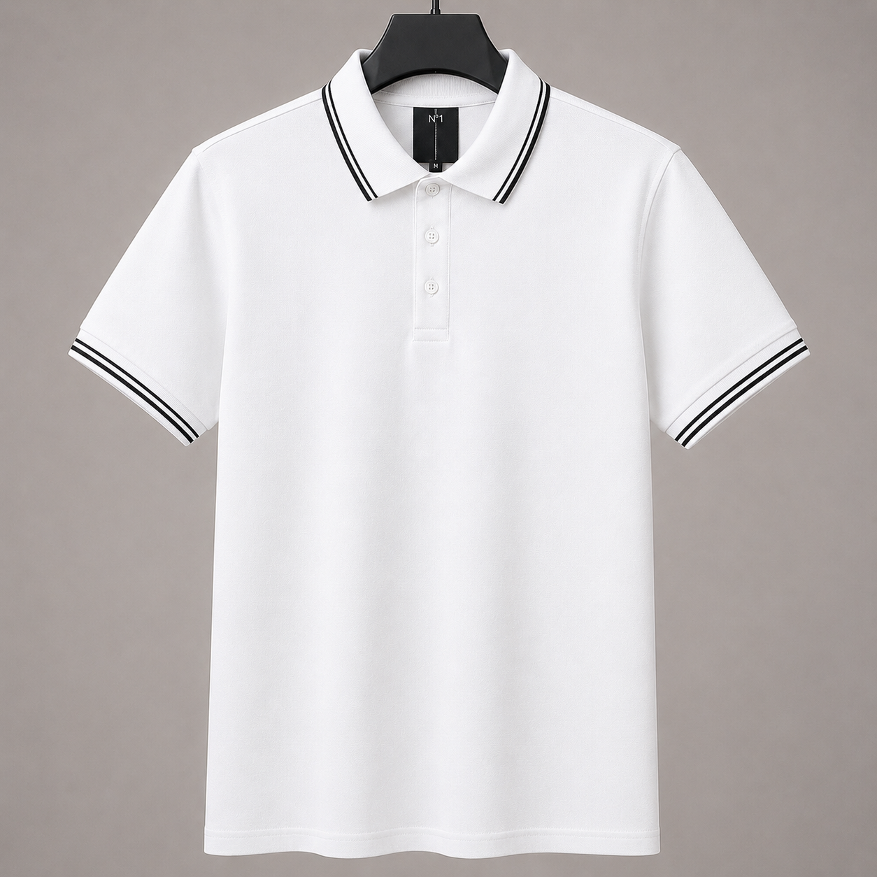 Men’s Premium White Polo T-Shirt with Black Contrast Collar & Sleeve Stripes