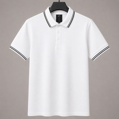 Men’s Premium White Polo T-Shirt with Black Contrast Collar & Sleeve Stripes