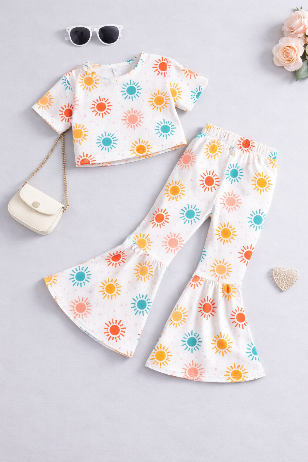 Girls Summer Sun Print Co-Ord Set | Kids Crop Top & Bell Bottom Pants Outfit | Trendy Casual Wear for Girls