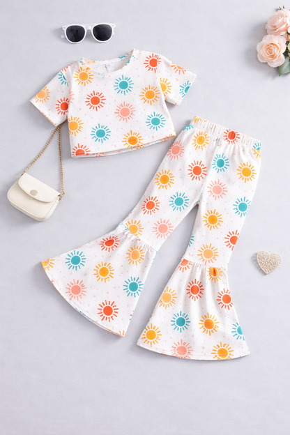 Girls Summer Sun Print Co-Ord Set | Kids Crop Top & Bell Bottom Pants Outfit | Trendy Casual Wear for Girls