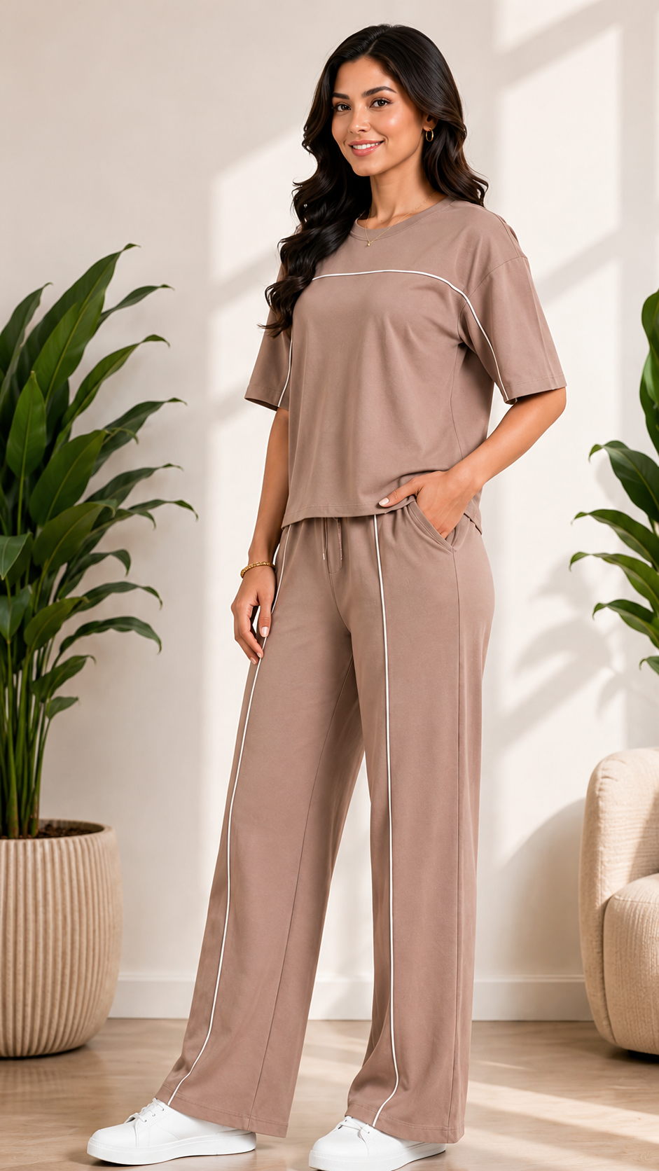 Women’s Beige Co-ord Lounge Set | Relaxed Fit T-Shirt & Wide Leg Pants
