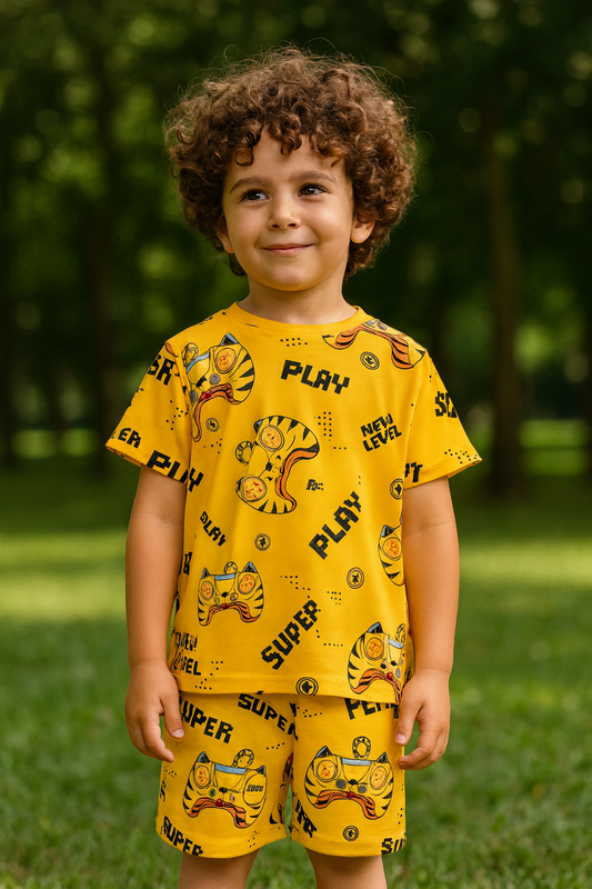 Kids Super Play Print Half Sleeve T-Shirt & Shorts Co-ord Set – Soft Cotton Nightwear / Lounge Wear