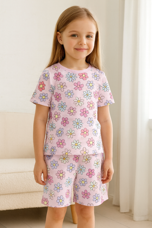 Little Blossom Cord Set | Floral Print Cotton T-shirt & Shorts | Summer Wear for Girls