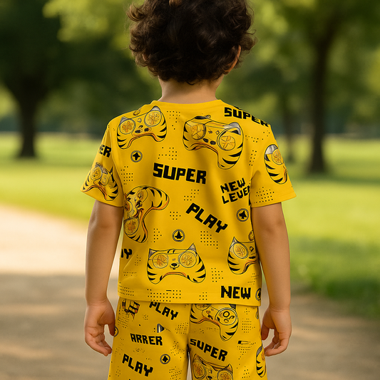 Kids Super Play Print Half Sleeve T-Shirt & Shorts Co-ord Set – Soft Cotton Nightwear / Lounge Wear