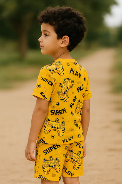 Kids Super Play Print Half Sleeve T-Shirt & Shorts Co-ord Set – Soft Cotton Nightwear / Lounge Wear