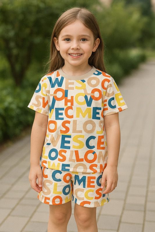 Alphabet Pop Cord Set | Multicolor Letter Print Cotton T-shirt & Shorts | Trendy Summer Outfit for