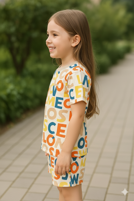 Alphabet Pop Cord Set | Multicolor Letter Print Cotton T-shirt & Shorts | Trendy Summer Outfit for