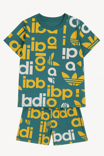 Mustard & White Letter Printed Cordset For Girls