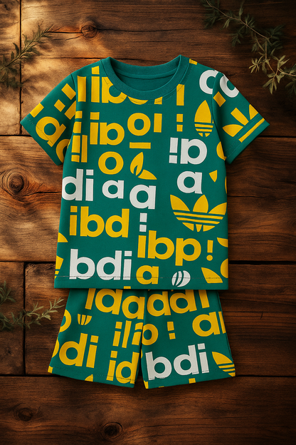 Mustard & White Letter Printed Cordset For Girls