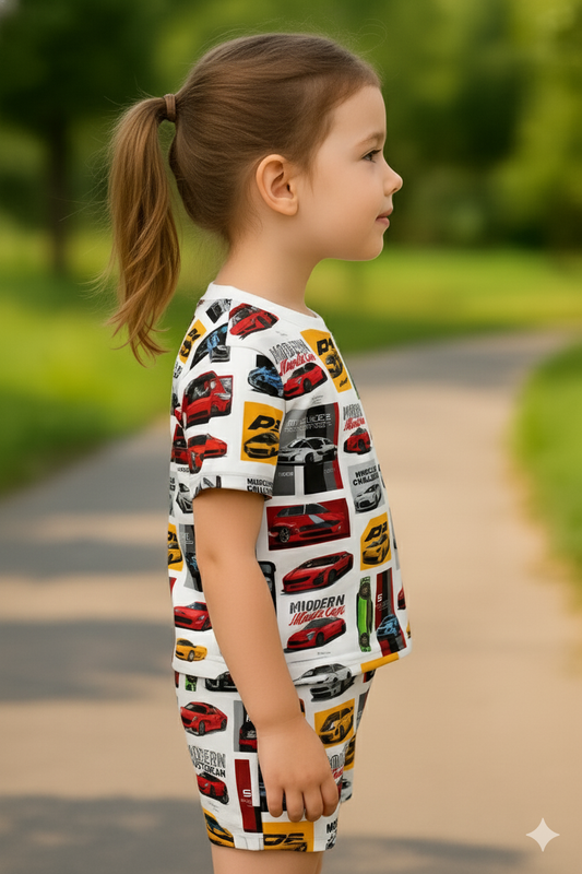 Turbo Racer Collection | Sports Car Print Cord Set | Soft & Breathable Cotton Top & Shorts for Girls