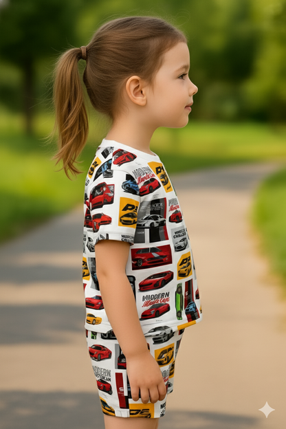 Turbo Racer Collection | Sports Car Print Cord Set | Soft & Breathable Cotton Top & Shorts for Girls