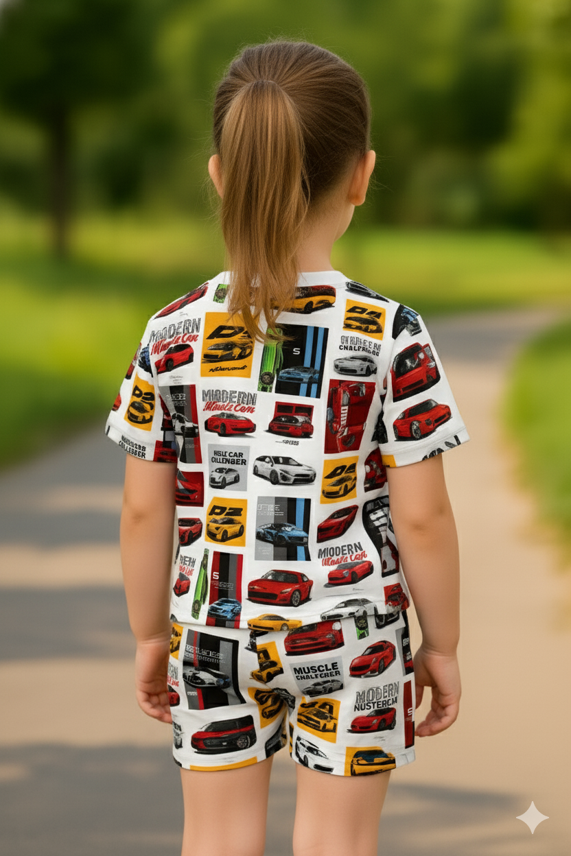 Turbo Racer Collection | Sports Car Print Cord Set | Soft & Breathable Cotton Top & Shorts for Girls