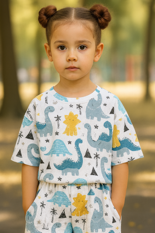 Dino Land Cord Set | Cute Dinosaur Print Cotton T-shirt & Shorts | Fun Summer Outfit for Girls